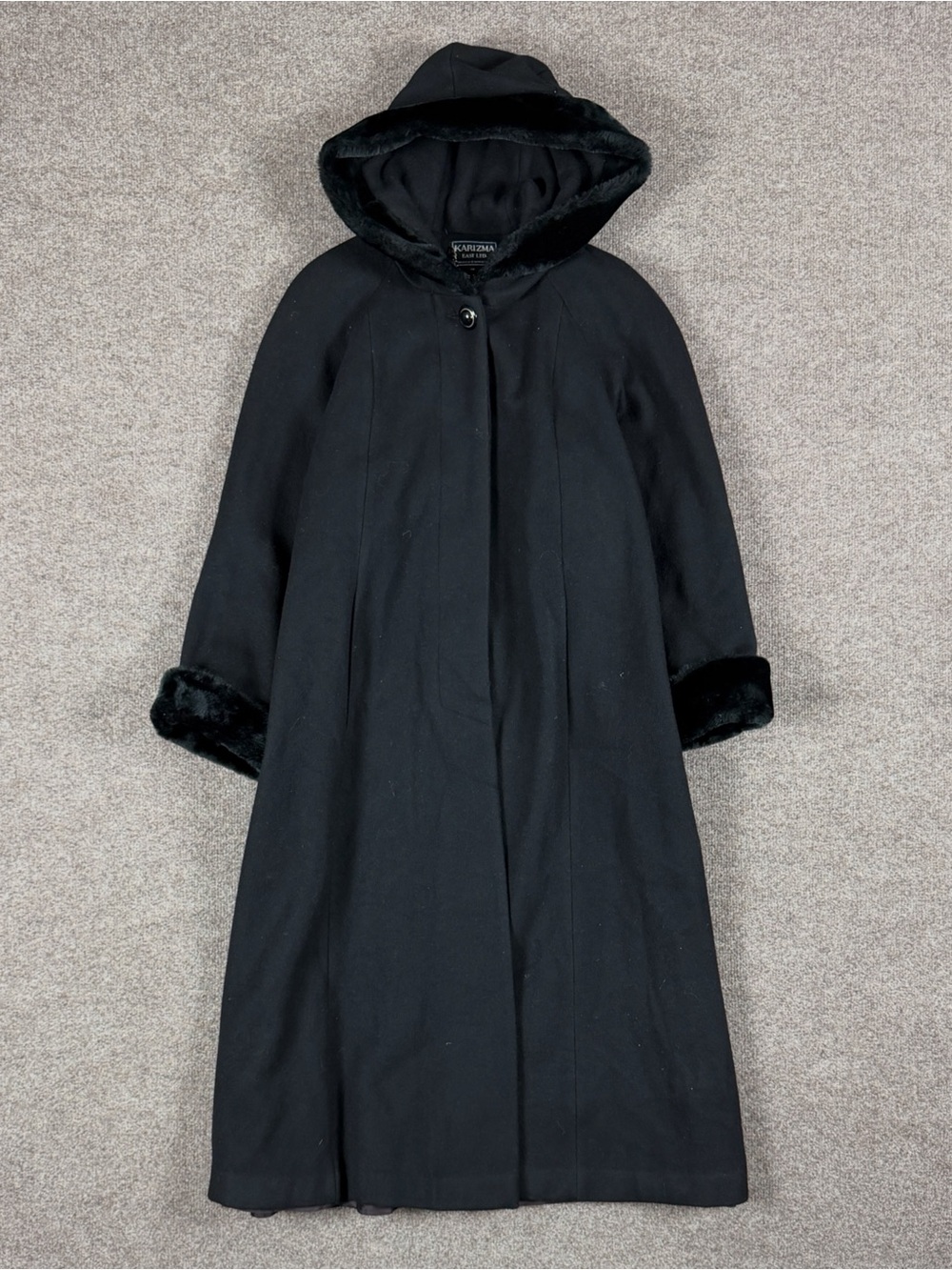 Vintage Black Hooded Long Wool Overcoat Women’s Size 10 Medium Faux Fur Trim USA